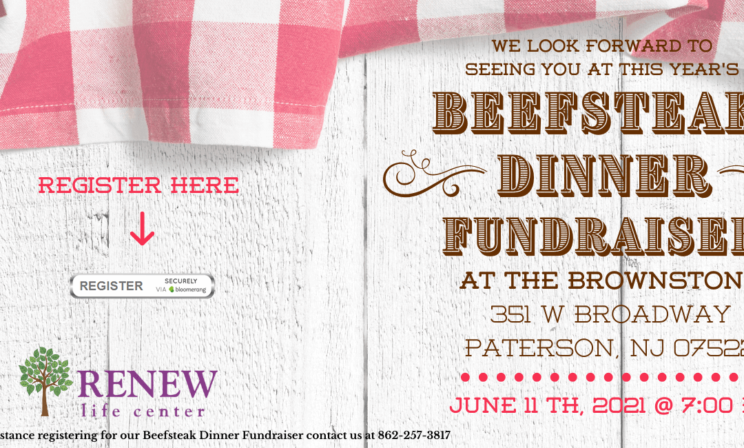 Fundraiser dinner event flyer featuring beef stew and dessert.